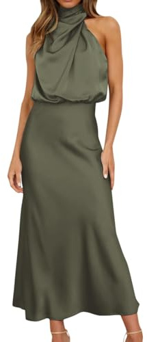 Dam elegant ärmlös halterneck satin sommar bröllop långa aftonklänningar hög midja elegant klänning