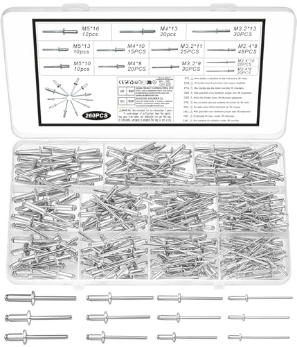 260 Pcs Pop Rivets Assortment Kit, Aluminum Blind Rivet Assortment, Pop Blind Rivets for Metal, Furniture, Car, Ships, Marine Construction(Silver, M2.4 M3.2 M4 M5)