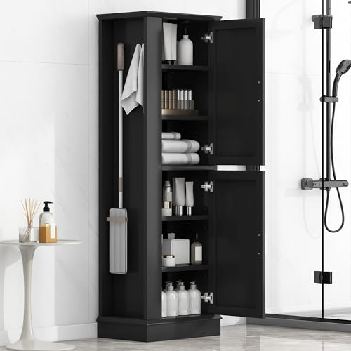 Guxeei Tall Freestanding Storage Cabinet, Multi-Purpose Floor Organizer with 2 Doors, Hook and Adjustable Shelf for Bathroom, Office, Black