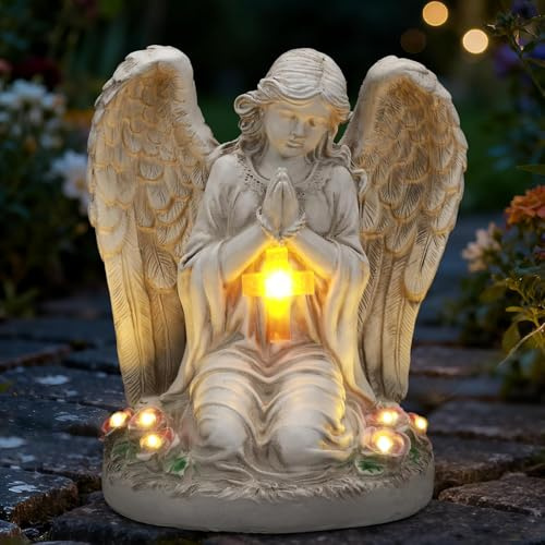 IDEA SHOW Statua da giardino con croce a LED, resistente alle intemperie, in resina, per giardino, tomba e cimitero, decorazione solare e angelo commemorativo