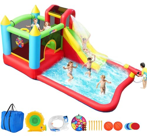 Tobogán acuático Inflable Castillo Hinchable para niños, 2 en 1, Juego de Castillo Hinchable para trampolinburg, Gran Regalo para la Fiesta en el jardín en el Parque acuático, Incluye Ventilador