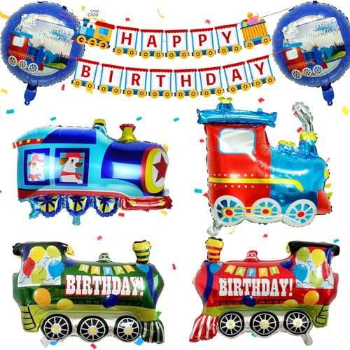 Ezydka Set de Decoración de Cumpleaños Tren - Decoraciones de Fiesta Tren con Guirnalda Happy Birthday, Globo Foil, Globos para Decoración de Fiesta, Decoración de Cumpleaños
