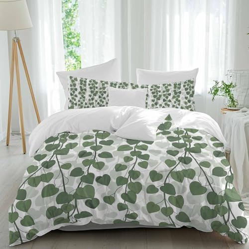 IDOWMAT Spring Plants Ivy Twin Duvet Cover Set, Green Heartleaf Philodendron 3 Piece Bedding Set 1 Duvet Cover and 2 Pillowcases Luxury Microfiber Comforter Cover Set