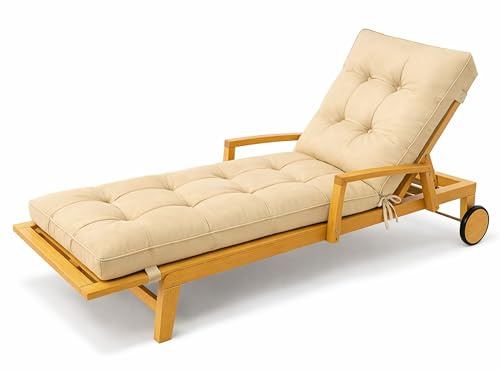 POKAR Cojín Tumbona Exterior 200x60x13 cm | Colchoneta para Tumbona de Jardín Impermeable y Repelente al Agua | Acolchado y Espesor 13 cm | Ideal para Terraza y Piscina | Made in EU | OEKO-TEX | Beige