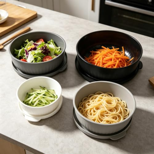 Salladsskål med lockset, 4 stapelbara salladsskålar, blandningsskål, BPA-fria, matburkar med lock, 0,4/0,78/1,4/2,2 l, diskmaskiner, mikrovågsugnar och fryssäker (svart/vit/grå/ljusgrå)