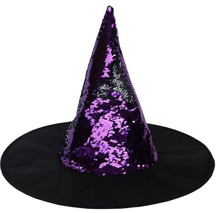 Hooin Chapeau de sorcière à sequins réversibles d'Halloween. Chapeau de fête costumé à sequins réversibles (Violet/Argent)