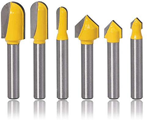 Mesee 6 Pieces Grooving Router Bit Set, 90 Degree V-Groove and Round Nose Groove Router Bits Woodworking Carving Cutter Tool for 3D CNC Signmaking Lettering Engraving, 1/4 Inch Shank