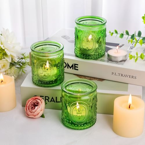 12PCS Glass Tea Light Candle Holders,6.6cm x 5.8cm Vintage Candle Jar, Coloured Tealight Holders, Votive Candle for Indoor, Outdoor, Garden, Dinner, Church, Weddings, Home Décor, Gifts (Olive Green)