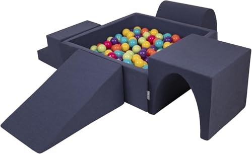 KiddyMoon lekområde i skum med fyrkantig bollbassäng (200 bollar) för barn, mörkblå, ljusgrön, gul, turkos, orange, mörkrosa, lila