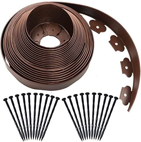 40 Ft Landscape Edging Kit, Brown Garden Edging Border with 40 Edging Garden Stakes, Plastic Landscaping Edging Roll for Flower Bed Lawn Driveway Yard