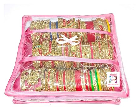 atorakushon Satin 3 Rods Jewellery Bangle Storage Box Chudi Set Organizer Zipper Makeup Pouch Travelling Bag for Women (Pink | Pack of 1)