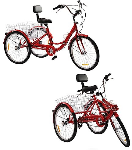 WSIKGHU 24 Zoll Dreirad für Erwachsene Faltbar Fahrräder 7 Gang Fahrräder aus Kohlenstoffstahl mit LED Licht und Korb 3 Räder Fahrrad für Erwachsene von 160-185CM, Max 140KG (Rot)
