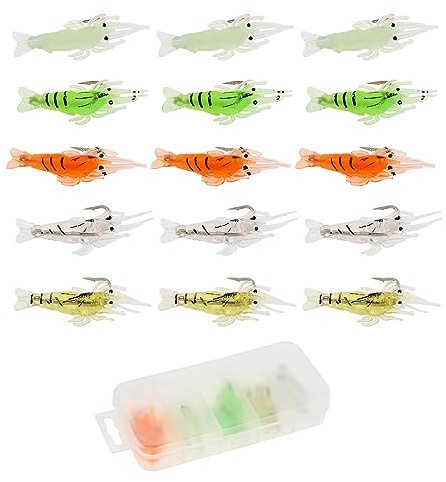 OriGlam 15 Piezas Señuelo de Camarón Flexible, Cebo Artificial de Pesca Con Gancho, Para Agua Dulce (Colorido)