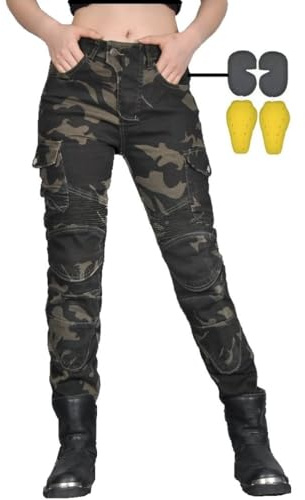 CBBI-WCCB Donna Moto Jeans Motociclette Pantaloni con Fodera Protettiva Motorcycle Pants (IT, Misura del girovita & Misura del Cavallo, 34, 32, Verde Mimetico)