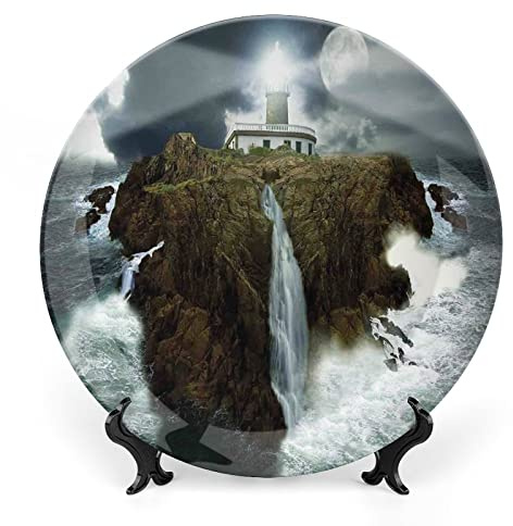 XISUNYA 8 Inch Decorative Plate, Lighthouse Ceramic Craft, Island with Lighthouse Rocks Stormy Sea Print Ceramic Display Plate for Decorative Ornaments Giving Plates, 1 Plate with 1 Display Stand