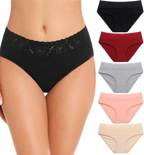 Cameway 5 Pack Womens Underwear Cotton Bikini Panties Lace Soft Hipster Panty Ladies Stretch Full Briefs (Large, Multi A)