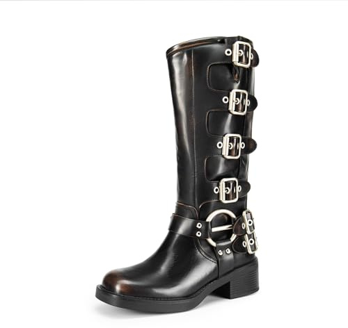 DREAM PAIRS Women's Knee High Riding Boots Side Zipper Motorcycle Boots Square Toe Chunky Heel Fashion Buckles Biker Boots,Size 7.5,Black/Brown,SDKB2416W