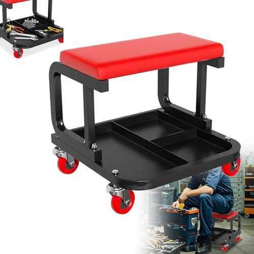 HENGMEI Sgabello da officina con rotelle a 360°, con scatola di immagazzinaggio (tipo C)