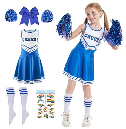 Deguisement Pompom Girl Fille, Deguisement Pompom Girl Enfant, Deguisement Fille avec Pompon Pompom Girl et Chaussettes, Costume Cheerleader Enfant pour Halloween Carnaval Mascarade (bleu, 130)