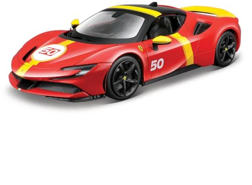 BBURAGO Ferrari SF90 Stradale Livrea Le Mans Scala 1:18, Replica Diecast con Aperture Cofano e Bagagliaio, Ruote Ammortizzate, Licenza Ferrari, Età 3+