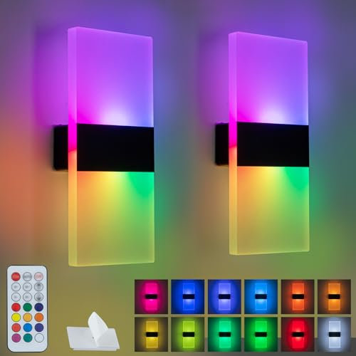 KwatTsz 2Pcs RGB Wall Lights with Remote Control, Cordless Battery Powered Wall Lamp, USB Rechargeable Wall Sconces, Indoor LED Mounted Light, Modern Dimmable Ambient Lights, 12 Colours