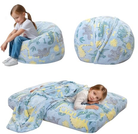 MeMoreCool Kids Bean Bag Chair Turn into Beanbag Bed, Toddler Bean Chair for Girl Boy Reading, Lazy Children Couch with Filling, Convertible Child Floor Mattress, 75 x 75 x 47cm, Blue Dinosaur