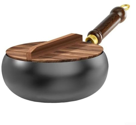 Olla de hierro fundido, sartén de hierro forjado a mano con mango de madera, wok antiadherente de 29.6 pulgadas sin revestimiento, sartén china multifuncional tradicional para inducción y estufa (B)