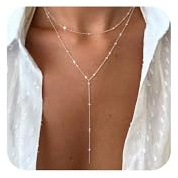 Tewiky Lariat Goldkette für Damen, zierliche lange 14K vergoldete trendige geschichtete CZ Perlenkette Tropfen Einfacher Goldschmuck für Damen Geschenk SL3A