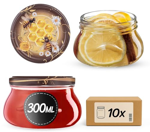 KADAX Lot de 10 pots à confiture, 300 ml, avec couvercle à visser fi82 mm, petits bocaux pour miel et épices, pots à confiture avec couvercle, hermétiques, à offrir (miel de taupe à miel)