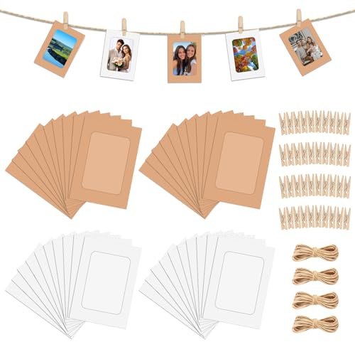 40 Stück aufhängen Fotorahmen aus Pappe,für Fotos 10×15 cm,Fotogirlande mit 40 Clips und 4 Juteseile,Kraftpapier Bilderrahmen,Fotoleine mit Klammern für Geburtstag,Hochzeit,Jubiläum,Weiß & Braun