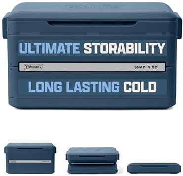 Coleman Snap 'N Go 45-Quart Collapsible Hard Cooler, Portable Hard-Sided Cooler with Waterproof Removable Liner, Spacing-Saving & Quick Set Up, 55 Hours Cold, Sapphire Blue