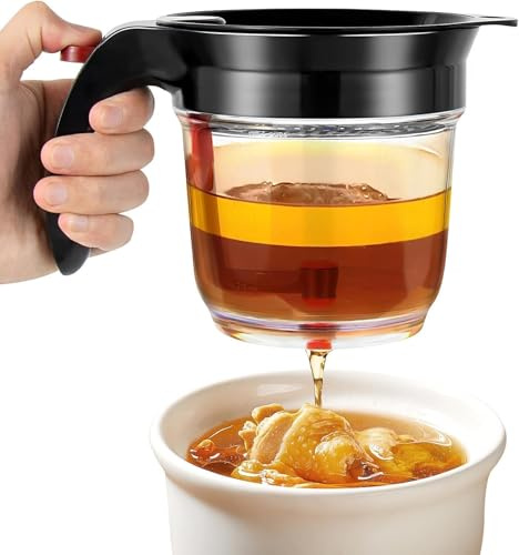 1000ml Fat Separator Jug with Bottom Release, Plastic Fat Gravy Separator Jug and Strainer, Multifunctional Soup Oil Separation Degreasing Cup for Cooking Gravy Sauces
