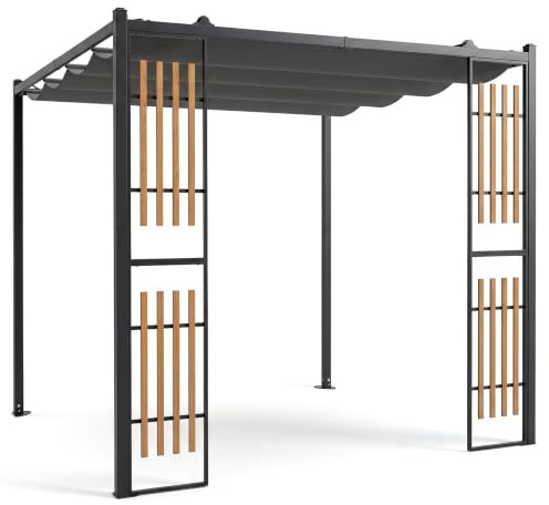 RELAX4LIFE Pergola Jardin Exterieur avec Toit Rétractable, Belvédère pour Patio avec 2 Paravents Lattes, Cadre en Acier au Carbone, Tonnelle de Jardin Extérieur pour Terrasse