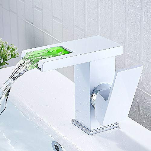 Waschtischarmatur Wasserfall LED Bad Wasserhahn mit RGB 3 Farbewechsel für Badezimmer Waschbecken Einhebelmischer Badarmatur (weiß)