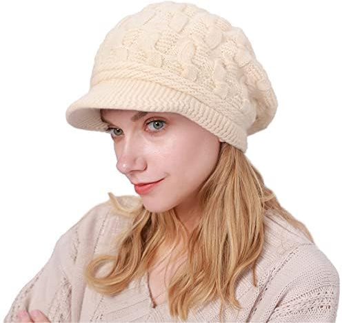 CheChury Damen Wollmütze Winter Warme Strickmütze Kaschmir Mit Schirm Schirmmütze Grobstrick Baskenmütze Barett Fleece, Beige