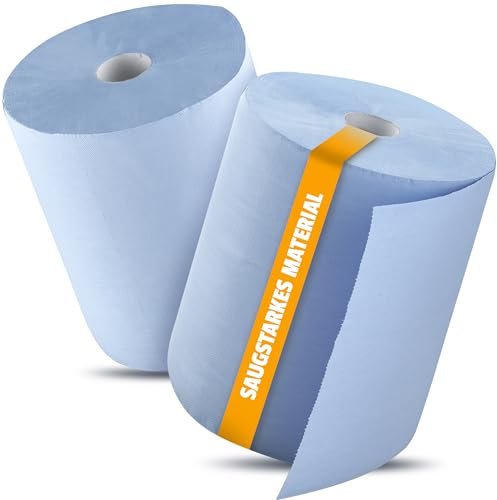 PLS GROUP® 2x Papierrolle Werkstatt | 3-lagige Putztuchrolle 1000 Blatt | Saugstarke Putzpapierrolle für Industrie | Papiertücher Blau | Perforierte Werkstatttücher | 2x 500 Blatt Rollen