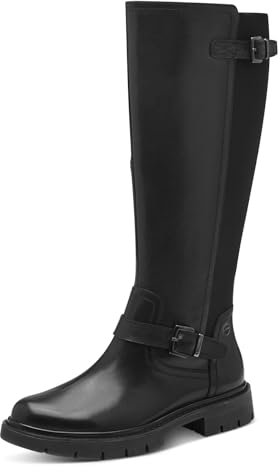 Tamaris COMFORT Damen Hohe Stiefel ohne Absatz mit Reißverschluss mit Schnallen, Schwarz (Black), 39 EU