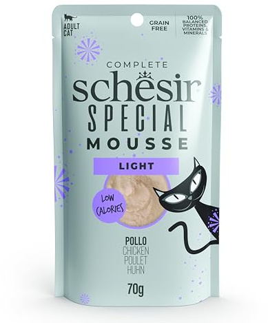 Schesir Special Light, Filetes De Pollo En Mousse, Alimento Húmedo Completo para Gatos, En Bolsa, Sin Cereales, Alto Contenido De Proteínas, Rico En Hidratación, 12 X 70g