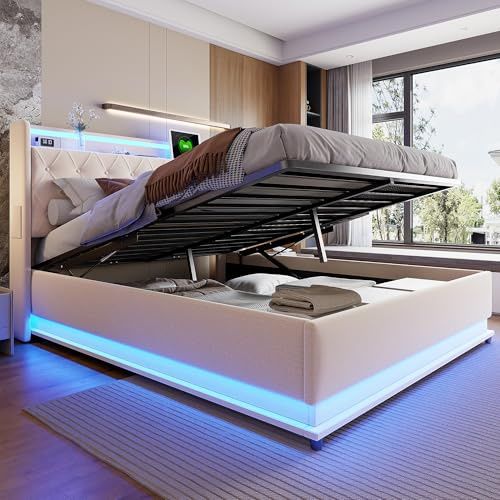 Lit 160x200 Avec Sommier LED Et USB, Coffre De Rangement Et Tête De Lit, Double À Lattes En Métal, Rembourré Pour 2 Personnes (Sans Matelas)