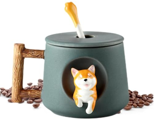 Tazza con cane – affascinante tazza in ceramica Shiba , tazza in ceramica ad alta capacità da 420 ml con cane in stile cartone animato, con coperchio e cucchiaio, tazza da caffè con coppia di