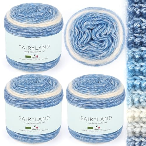 Aeelike Blue Ombre Yarn Cake 4x100g - 60% Cotton 30% Acrylic 10% Wool - Soft Cotton and Acrylic Gradient Cake Yarn for Crochet and Knitting