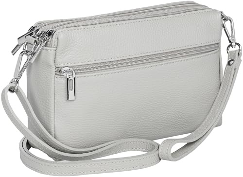 Caspar kleine Leder Umhängetasche Crossbody Bag elegante Damen Tasche mit 3 Fächern - CLASSIC LINE - Modell No.815 - Made in Italy, Farbe:hellgrau