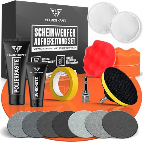 HELDENKRAFT® Scheinwerfer Aufbereitung Set [24 Teile] - Reparatur- & Polierset für alle gängigen Autoscheinwerfer mit UV-Schutz, Politur & Schleifscheiben in 7 Körnungen [Komplettset mit Adapter]