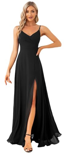 Ever-Pretty Women's A Line Spaghetti Straps V Neck Long Chiffon Asymmetry Prom Dress with Slit Black 12