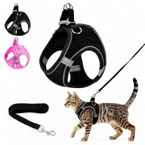 Cat Harness and Lead Set, Kitten Adjustable Leash Escape Proof UK Reflective Strips, Essentials for Cats Kitten Outdoor Travel (Black, XXXS)
