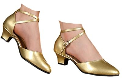 Hixingo Latin Salsa Dance Shoes Women, Ladies Latin Salsa Closed Toe Low Heel Height 3.5cm,Women's Ballroom Dance Shoes for Tango Cha-cha (Gold,4)