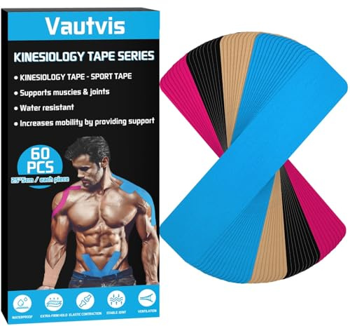 Vautvis Kinesiologitejp remsor precut – 60 förskurna flerfärgade 5 cm x 25 cm