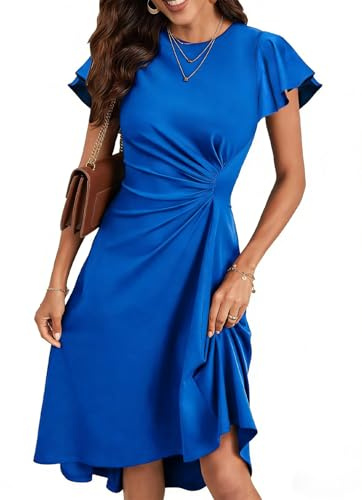 KUNJLELP Vestito Donna Elegante Manica Corta Abito Linea A Vita Alta Midi Abiti Tinta Unita Estivo Vestiti da Cerimonia per Festa Cocktail,Blu 02,S