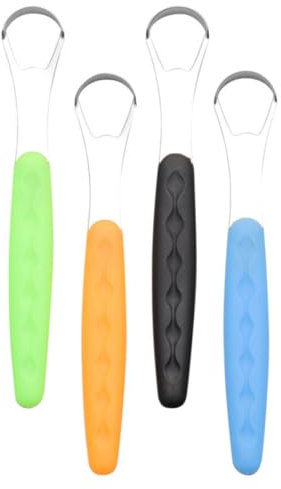 DIYEAH Set 4 Pezzi Raschietti e Spazzole per Lingua in Acciaio Inox, Igiene Orale per Adulti Impugnatura Ergonomica, Accessori Compatti per Rinfrescare L’alito e Migliorare la Pulizia