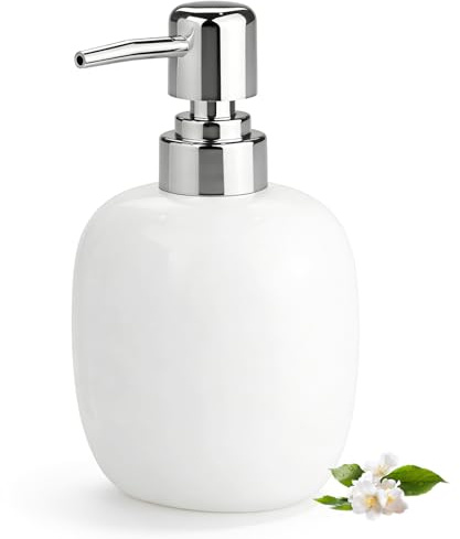 White Ceramic Soap Dispenser - 450ml Hand Soap Dispenser with Long Spout Refillable Shampoo Lotion Dispenser Elegant Square Design for Bathrooms Kitchens Hotels